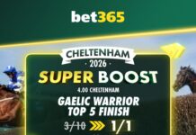 bet365 Cheltenham Gold Cup Super Boost: Gaelic Warrior Top 5 Finish (Evens) Gaelic Warrior Super Boost - 1x1 - UK