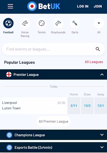 BetUK Sportsbook interface