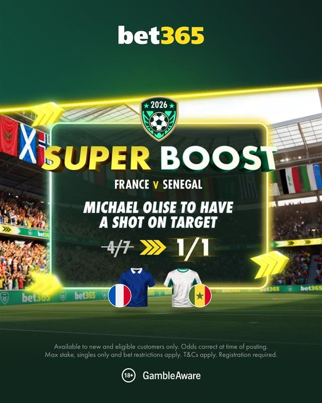 bet365 Super Boost – Michael Olise Over 0.5 Shots on Target, France v Senegal