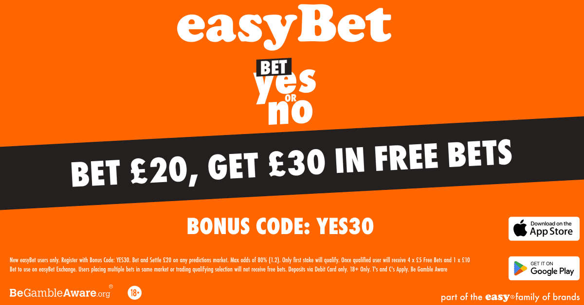 easyBet YES30 – Bet £20 Get £30 in Free Bets